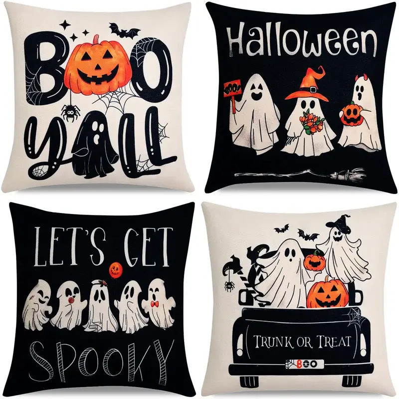 Halloween Themed Cushion Cover, 4 Counts/set Ghost Pumpkin Pattern Throw Pillow Cover, Zippered Cushion Cover for Sofa Bedroo...