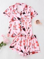 Women's All Over Print Shirt & Shorts Pyjama Two-piece Set, Comfy Short Sleeve Collared Top & Shorts Pj Set, Ladies Sleepwear...