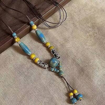 Alloy & Porcelain Beaded Barrel Tassel Pendant Long Bib Necklaces for Women