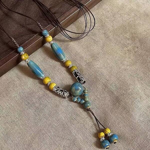 Alloy & Porcelain Beaded Barrel Tassel Pendant Long Bib Necklaces for Women