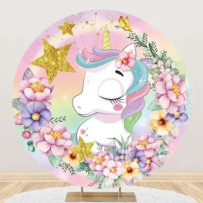 Rainbow Stars Floral Unicorn Round Birthday Backdrop - Aperturee