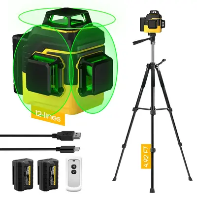 Laser Level with Tripod, Laser Level 3x360°/2x360° Self Leveling 12/8 Green Line, Rechargeable Battery 3000 mAh & Type-C Ch...