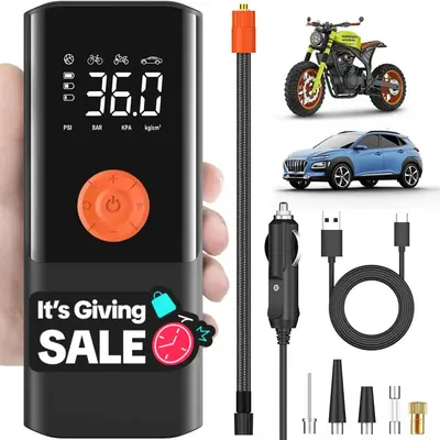 Teffim Portable Emergency Car Tire Inflator - Car Air Pump with Digital Pressure Gauge - 150 PSI - Motorcycle, Electric Bike,...