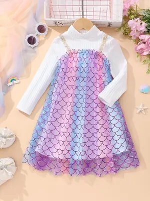 Girl's 2 in 1 Fish Scale Print Mesh Overlay Contrast Sequin Dress, Cute Frill Trim Mock Neck Long Sleeve Dress for Party Holi...
