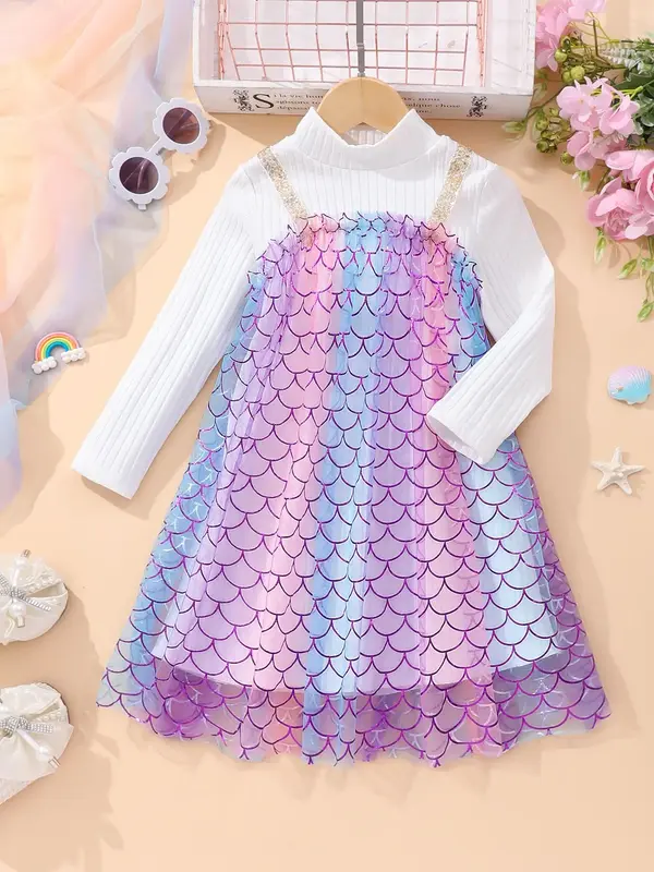 Girl's 2 in 1 Fish Scale Print Mesh Overlay Contrast Sequin Dress, Cute Frill Trim Mock Neck Long Sleeve Dress for Party Holi...
