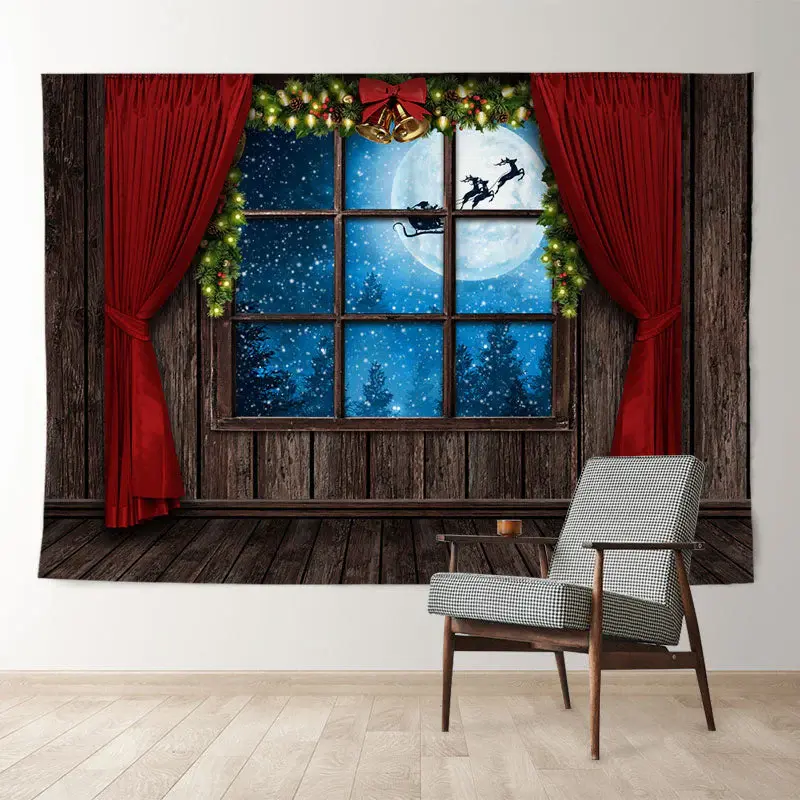 Aperturee Sled In Moon Red Curtain Wood Christmas Backdrop