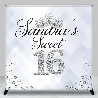 Silver Diamond Sweet 16 Custom Name Birthday Backdrop