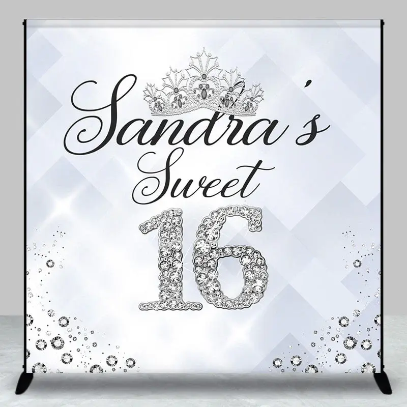 Silver Diamond Sweet 16 Custom Name Birthday Backdrop