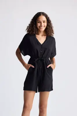 V neck Drawstring Romper in Black | Color: Black | Size: L
