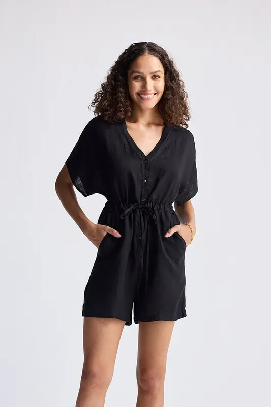 V neck Drawstring Romper in Black | Color: Black | Size: L