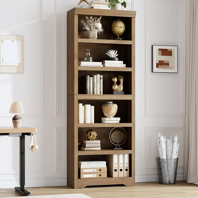 Garvee 6 Tier Bookshelf, 75 Tall Farmhouse Bookcase with Adjustable Shelves, 23.6 W Floor Standing Open Display Storage Rac...
