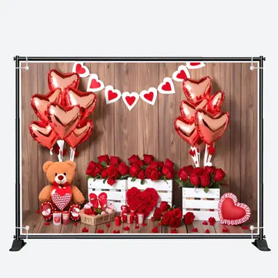 Wood Teddy Bear Rose Balloon Valentines Day Backdrop - Aperturee