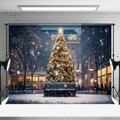 Aperturee Snwoy City Night Trees Lights Christmas Backdrop - Aperturee