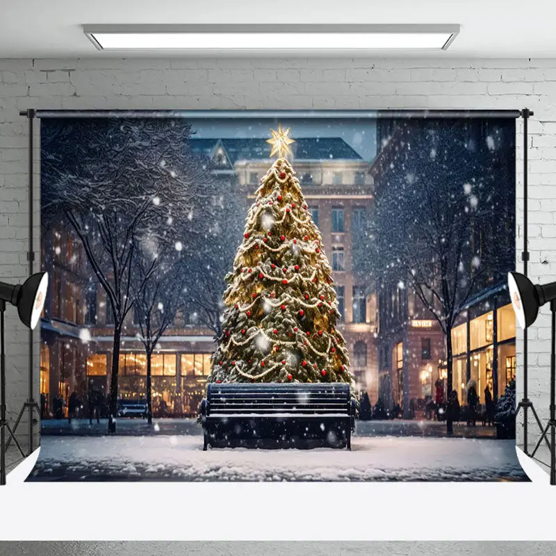 Aperturee Snwoy City Night Trees Lights Christmas Backdrop - Aperturee