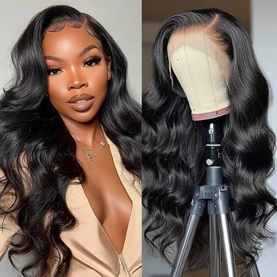Ashimary 13x6 HD Swiss Lace Front Body Wave Wig Black Human Hair Pre Plucked Wig For Women