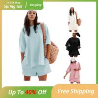 Lounge Sets for Women Matching 2 Piece Outfits Crew-Neck Tunic Top and High-Rise Shorts Loungewear