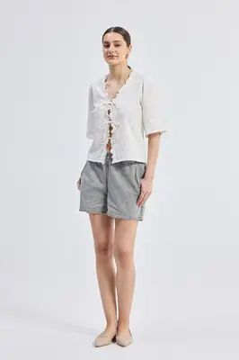 Relaxed Fit Top With Ruffles and Front-Ties in White | Color: Striped Horizon | Size: 3XL
