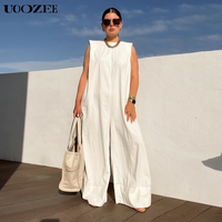 UOOZEE Women's Solid Color Sleeveless Wide Leg Jumpsuit - Basic Style with Button and Crewneck for Springtime Comfort Simple,...