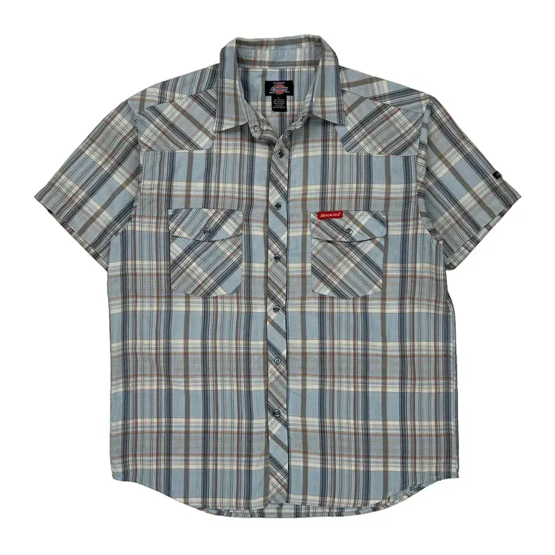 Dickies Checked Short Sleeve Shirt - Large Blue Cotton Blend