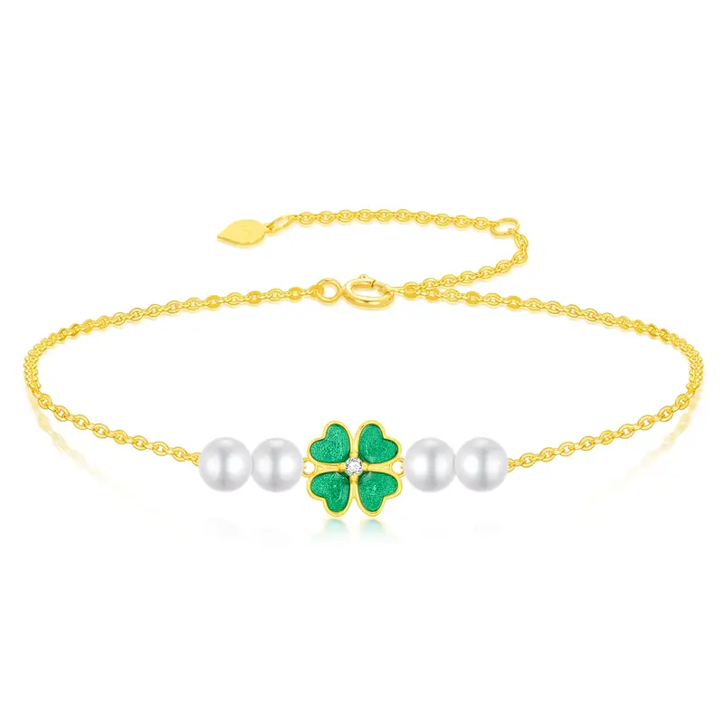 14K Gold Pearl Four Leaf Clover Charm Bracelet