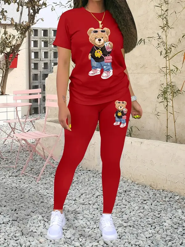 Two-piece Set Women's Cartoon Bear Print Tee & Skinny Pants Two-piece Set, Cute Casual Short Sleeve Crewneck T-shirt & Leggin...