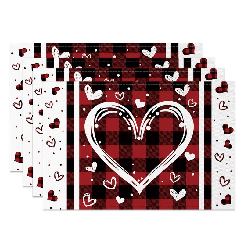 Aperturee Red White Plaid Valentines Day Set Of 4 Placemats, 14x12 Inch, 15.8 USD, NYLX00566-S, placemats