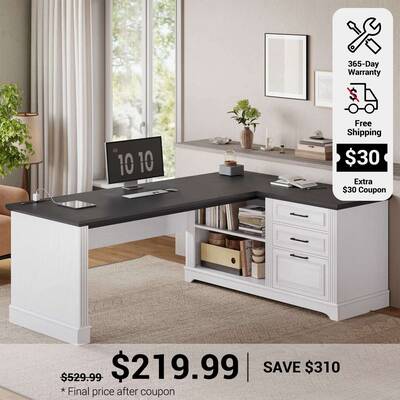 SEDETA ® 61 Inch L Shaped Farmhouse Executive Computer Desk with Power Outlets File Drawers and Storage Shelves White Home O...