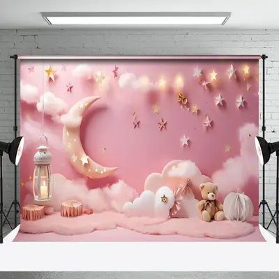 Aperturee Pink Lighted Star Wall Moon Night Cake Smash Backdrop