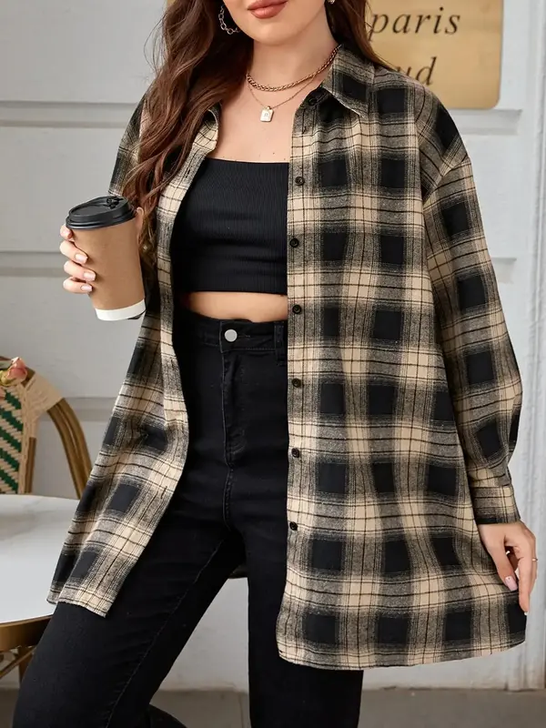 Plus Plaid Print Button Front Drop Shoulder Blouse, Casual Long Sleeve Collared Top for Daily Outdoor Wear, Women's Clothes f...
