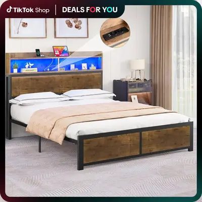 Yitahome King/Queen Size Bed Frame,LED Bed Frame with Headboard,USB Ports & Charging Outlets,Metal Platform Bed Frame with 2 ...