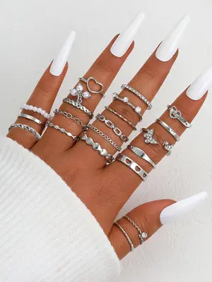 20pcs/Set Rhinestone Butterfly & Heart Decorated Ring Set, Faux Pearl Decor Jewelry For Girl, Simple Casual Ladies Birthday J...