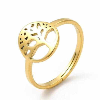 Ion Plating(IP) 304 Stainless Steel Tree of Life Adjustable Ring for Women