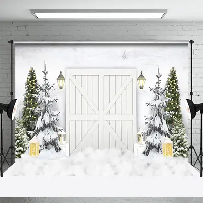 White Wooden Door Pine Tree Snow Winter Backdrop - Aperturee