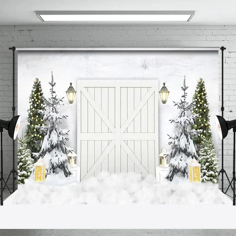 White Wooden Door Pine Tree Snow Winter Backdrop - Aperturee