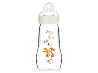 MAM Glass Baby Bottle 2 months + 2 course Rabbit/Fox - Beige 260 ml