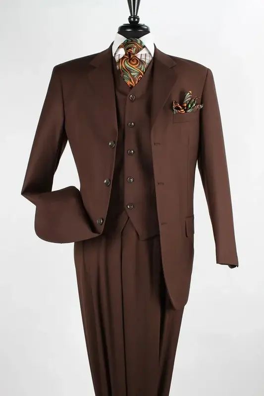 Coco Brown Men's Classic Fit 3-Button Vested Suit with Single Pleated Pants