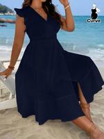 【Plus Size】 Ruched Wrap Butterfly Sleeve A Line Dress, Casual V Neck Cap Sleeve Ruffle Hem Dress for Summer Beach Holiday...