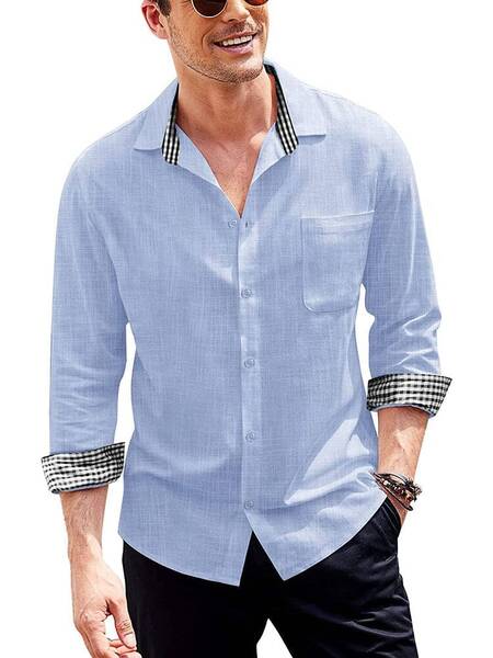 Long-Sleeve Cotton Linen Shirt (US Only), Light Blue / M