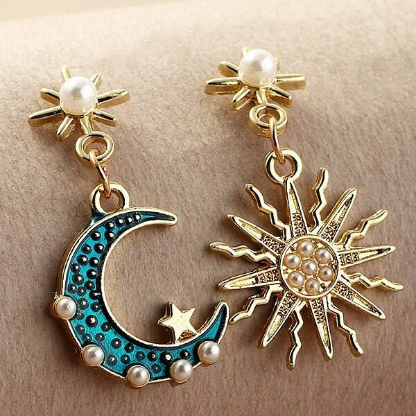 Enamel Moon & Sun Asymmetrical Earrings with Plastic Pearl Beaded