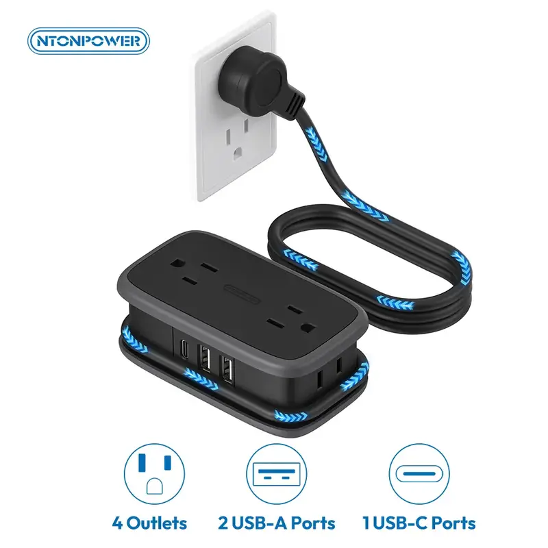 NTONPOWER Travel Power Strip with USB C Port, Flat Plug Extension Cord with 4 Outlets 3 USB (1 USB C) for Cruise Ship Essenti...