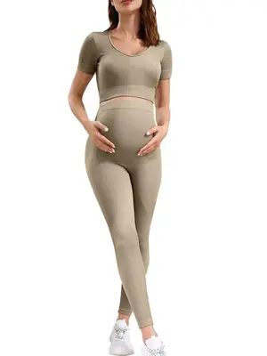 Maternity Solid Color V Neck Crop Top & Leggings Two-Piece Set, Casual Comfy Breathable Maternity for Summer, Pregnant Women'...