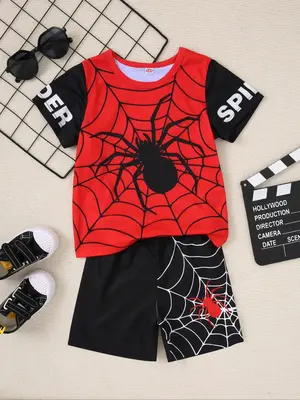 Two-piece Set Spider Print Short Sleeve Tee & Shorts Set, Casual Round Neck T-shirt & Shorts, Summer Outfits Clothes for Kids...