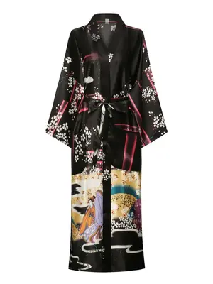 Women's Floral & Figure Print Belted Satin Robe, Casual Long Sleeve V Neck Pocket Design Robe, Ladies Sleepwear for All Seaso...