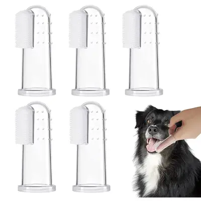 Dog Finger Toothbrush Set, 5 Counts/set Finger Toothbrush with Silicone Bristles & 16 Round Particles, Pet Oral Care Tool fo...