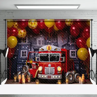 Red Fire Truck Balloon Birthday Backdrop For Photo - Aperturee