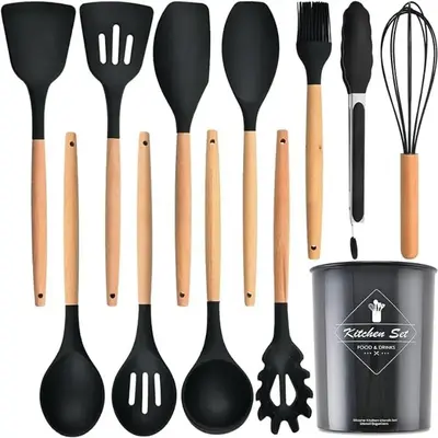 Kitchen Utensils Set, 12pcs/set Wooden Handle Silicone Cooking Utensils Set, Heat Resistant Non-stick Food Grade Silicone Kit...