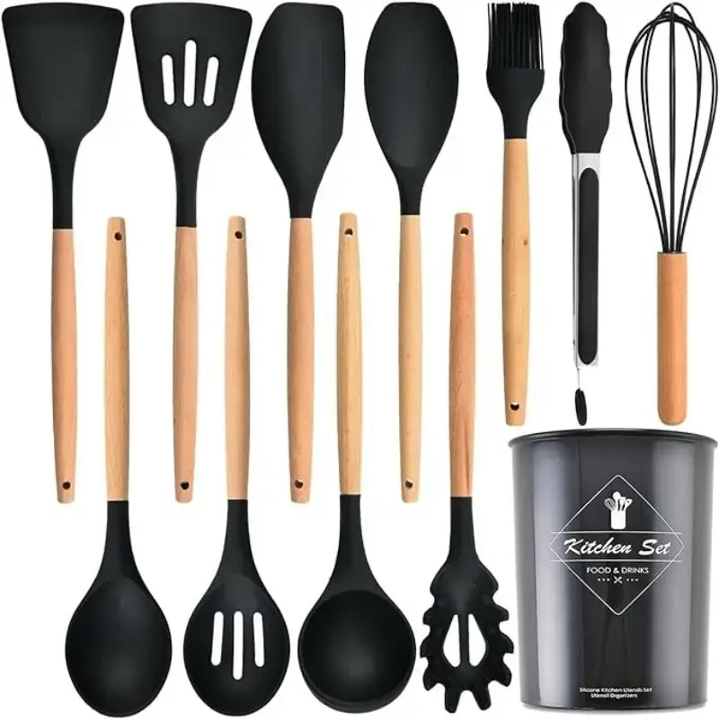 Kitchen Utensils Set, 12pcs/set Wooden Handle Silicone Cooking Utensils Set, Heat Resistant Non-stick Food Grade Silicone Kit...