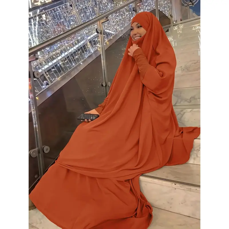 Ramadan Solid Color Two-piece Set, Batwing Sleeve Hijab Dress & Wide Leg Pants Outfits, Women's Clothing