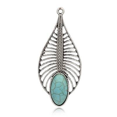 Antique Silver Plated Leaf Alloy Synthetic Turquoise Big Pendants