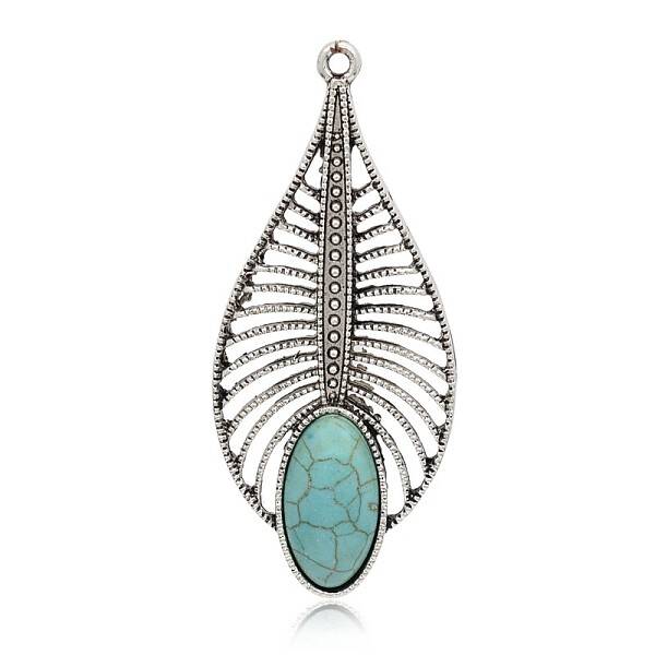 Antique Silver Plated Leaf Alloy Synthetic Turquoise Big Pendants